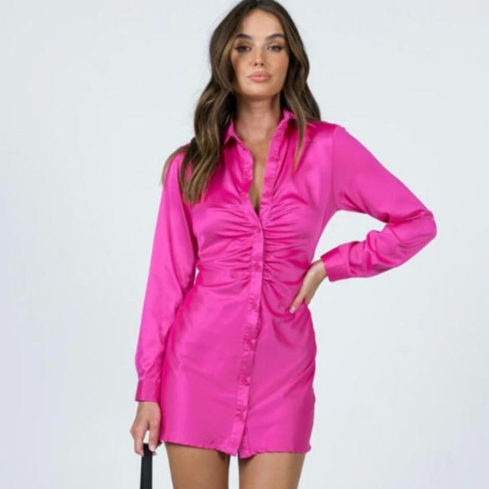 Princess Polly Hot Pink Satin Ruched Shirt Dress